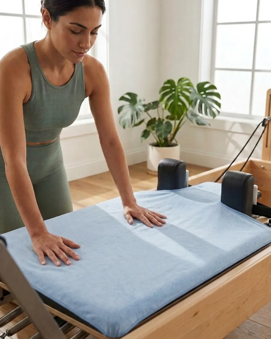 Toalla Bellman Pilates azul en uso sobre reformer